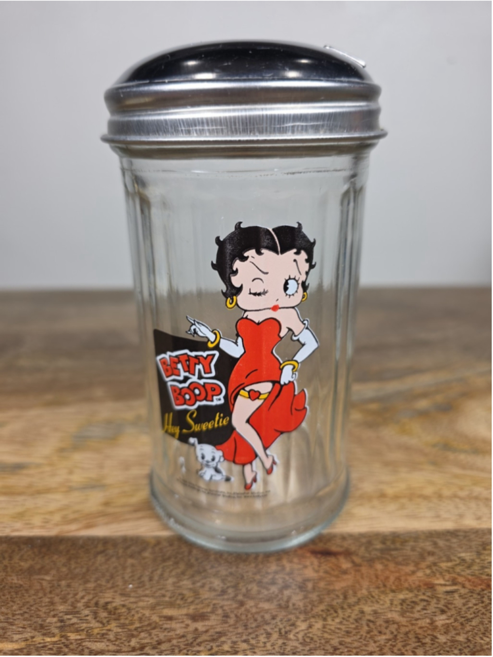 VTG Betty Boop "Hey Sweetie" Glass Sugar Dispenser Shaker Gemco Metal Lid